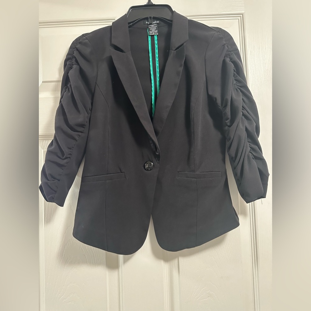 Stoosh women's black blazer 3/4 ruched sleeves stretchy fabric size M